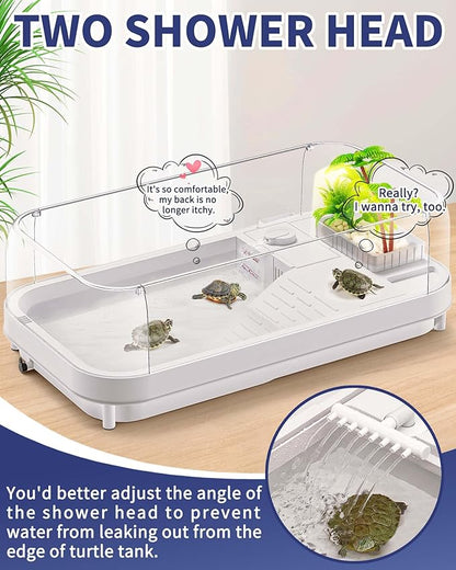 Large Turtle Tank with Water Pump, Acrylic Turtle Tank Starter Kit with Heightened and Curved Fences, Multi-Function Areas, Bottom Drainage