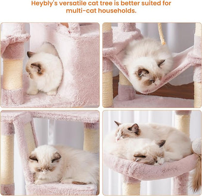 Heybly Cat Tree, 68 inch Multi-Level Cat Tower for Indoor Cats, 2 Widened Plush Perches Cat Condo with Scratching Board and Big Caves, Muchroom HCT025MU