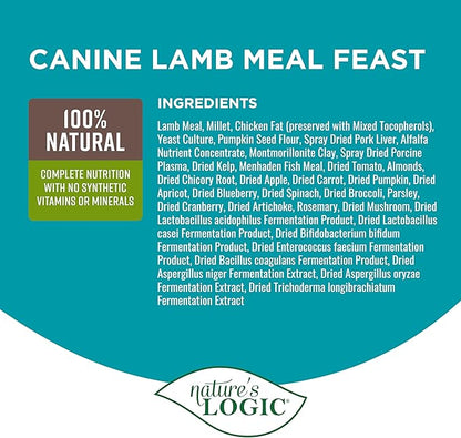 NATURE'S LOGIC Dry Dog Food - 100% Natural - No Synthetics - for All Ages, Sizes, Breeds - Free from Common Allergens, High Protein - Lamb Meal Feast, 25lbs