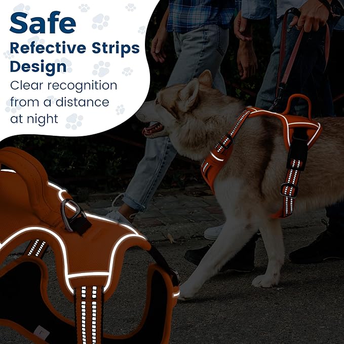 Funfox Dog Harness No Pull, Adjustable Pet Vest Harness, Super Soft Material with Vertical Handle Easy Control, Reflective Night Walking, 2 Leash Clips for Medium Sized Dogs, Orange, M