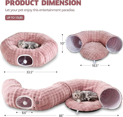 Bubble Cat Tunnel for Indoor Cats, Round Peekaboo Cave Toy with Dangling Balls, Donut Tunnel Bed with Circle Mat for Puppy Kitten Rabbit, Dusty Pink