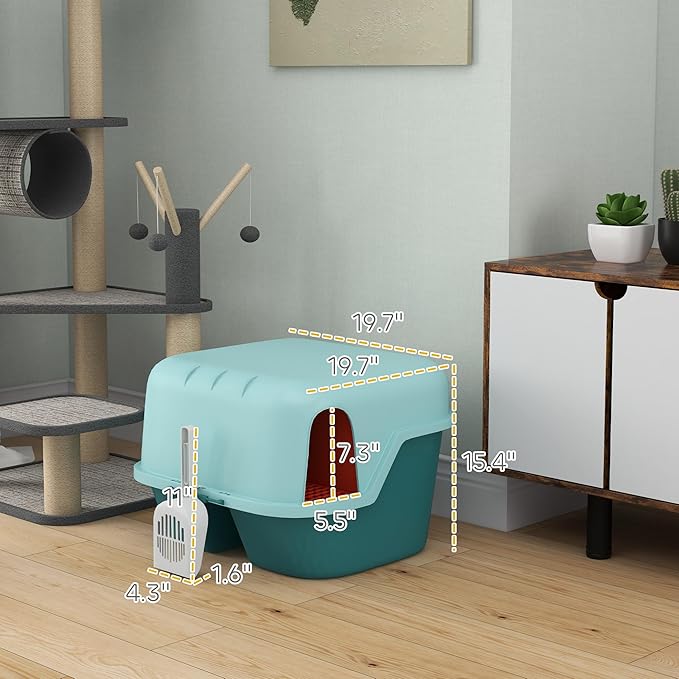 PawHut Cat Litter Box with Lid, Covered Kitty Litter Box Enclosure with Scoop, Openable & Lockable Cover, Easy to Clean, Green
