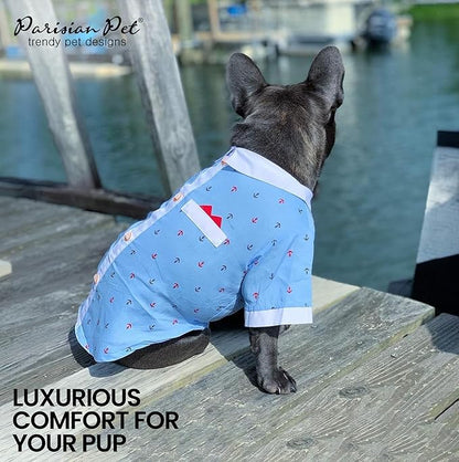 Parisian Pet Nautical Dog Shirt - 100% Cotton Anchor Clothes - Bleach and White - Sleeved - Medium