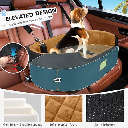 Dog Car Seat for Medium & Large Dogs up to 55 lbs, Elevated Booster Seat with Anti-Slip Base, Detachable & Machine-Washable Pet Car Bed for SUV/Sedan (Black/Brown)