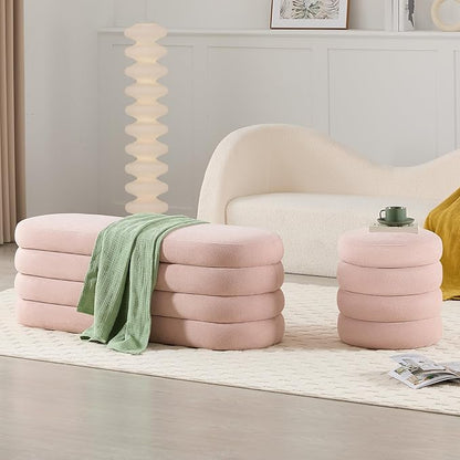 Storage Ottoman Bench 49.2 Inch Upholstered Fabric Storage Bench for Bedroom End of Bed Aesthetic Large Oval Ottoman for Living Room Entryway (Pink)