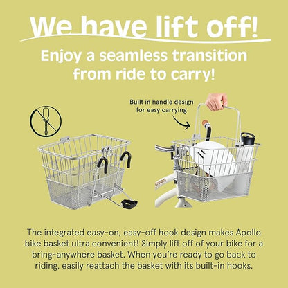 Retrospec Apollo Detachable Front Bike Basket Steel Half-Mesh with Integrated Detachable Hooks and Built-In Handle, Easy Assembly and Portability for Bicycles