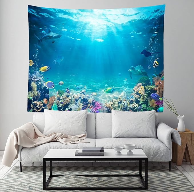 Loccor Underwater World Tapestry Blue Ocean Wall Hanging Under the Sea Coral Reef Wall Tapestry 179x98 Inches Tropical Fish Tank Undersea Tapestries Marine Wall Art for Bedroom Living Room Dorm Decor
