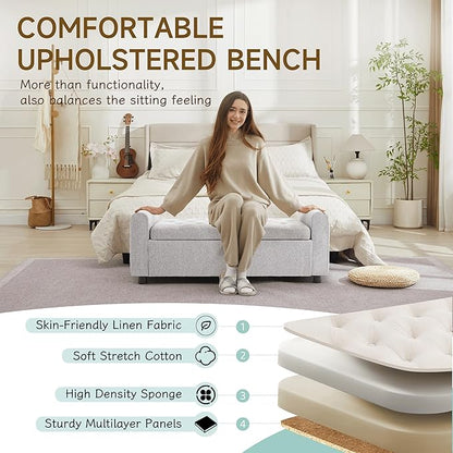 Ottoman with Storage, Tufted Storage Bench for Bedroom, 48" Fabrics End of Bed Bench, Upholstered Entryway Shoe Benches with Rolled Arm & Inner Zipper, Window Ottomans Chest without Rivets, Light Grey
