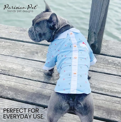 Parisian Pet Nautical Dog Shirt - 100% Cotton Anchor Clothes - Bleach and White - Sleeved - Medium