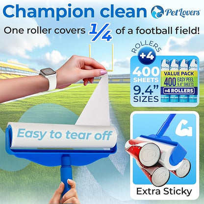PetLovers Large Lint Roller with 3 Refills – 400 Total Sheets for Tackling Pet Hair, Extra Large Floor and Carpet Roller for Homes with Pets, Perfect for Floors, Furniture, and Loving Pet Owners