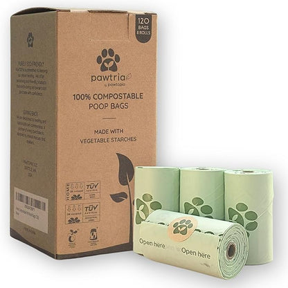 Pawtria Certified Home Compostable Dog Poop Bags (120), Biodegradable Poop Bags for Dogs, Cat Litter, Vegetable Starches, Eco-friendly Dog Waste Bags, Leakproof, Easy to Open, Give Back
