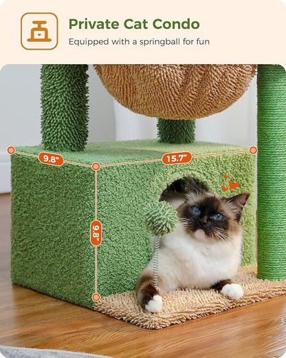 PEQULTI 4-in-1 Cactus Cat Tree, 33'' Cat Tower for Indoor Cats with Large Condo, Cat Scratching Post for Cats with Deep Hammock& Cozy Top Perch,Green