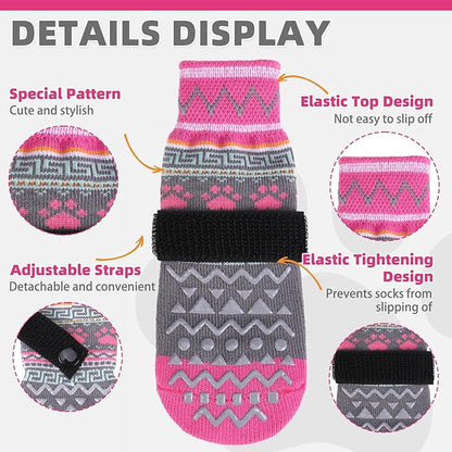 KOOLTAIL Dog Socks to Prevent Licking Paws for Hardwood Floors Anti Slip, Winter Warm Pet Boots&Paw Protector with Grippers, Double Sides Dog Shoes Booties for Small Medium Large Senior Dogs Pink L