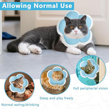Cat Cone Collar Soft, Waterproof Cats Cones to Stop Licking After Surgery, Adjustable Soft Elizabeth Cats Collars for Wound Healing, Flower Shape Cat Recovery Collar (Blue, Small)