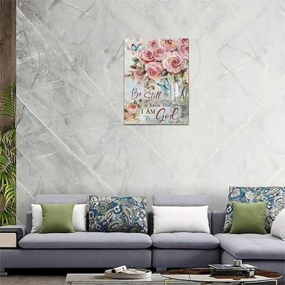 Farmhouse Rose Wall Art Christian Scripture Pictures Pink Rose Wall Decor Rustic Floral Butterfly Canvas Print Painting Artwork for Bathroom Living Room Bedroom 12"x16"