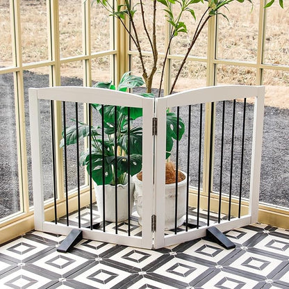 ZJSF Freestanding Foldable Indoor Dog Fence for Stairs Wood White Long Pet Gates for Dogs, Dog Gates for Hallways,Puppy Gates for House Support Feet Included 24 "Height-2 Panels