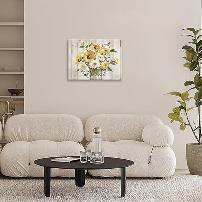 Sunflower Bathroom Pictures Wall Art, Simple Blessed Floral Bathroom Wall Decor, Flower Framed Painting Canvas Artwork for Bedroom Living Room Decorations 16"L x 12"W