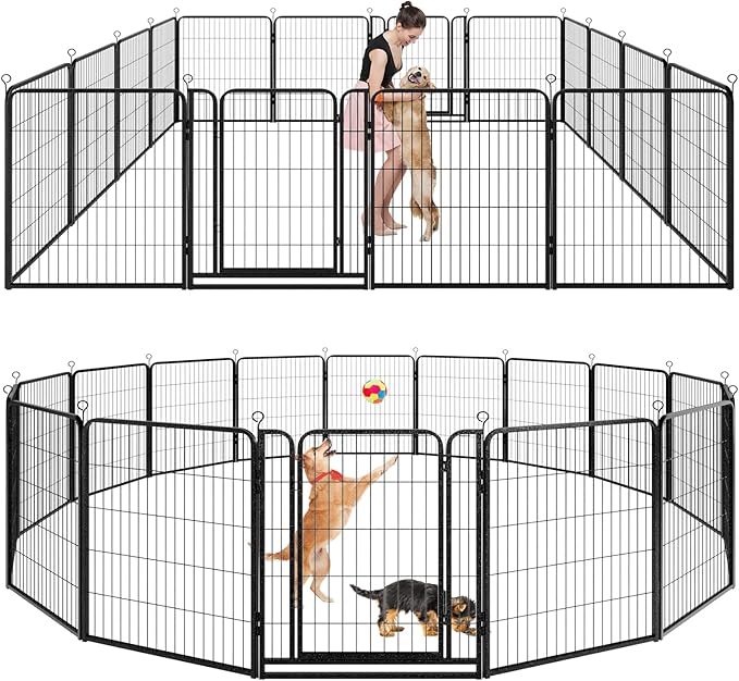 Dog Playpen Outdoor Extra Wide 16 Panels Heavy Duty Dog Fence 40" Height Anti-Rust with Doors Portable for RV Camping Yard, Total 42FT, 140 Sq.ft, Snowy Black