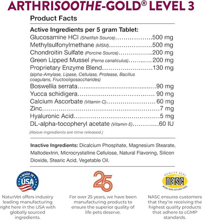 NaturVet ArthriSoothe-Gold Level 3, MSM and Glucosamine for Dogs and Cats, Advanced Joint Care Support Supplement with Chondroitin and Omega 3, Clinically Tested, Chewable Tablets, Made in The USA