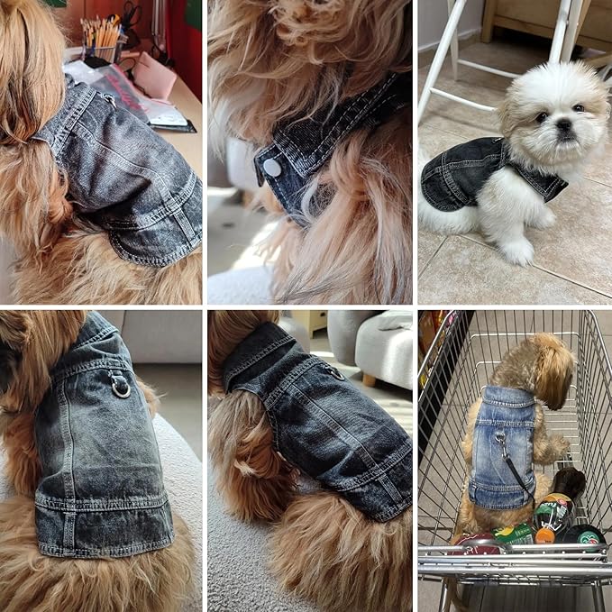 Puppy Clothes for Small Dogs Boy,Classic Western Denim Dog Coat,Dog Jeans Jacket with Leash D-Ring,Pet Cat Costumes,Cooling Harness Vest for Walking (Black, X-Large)