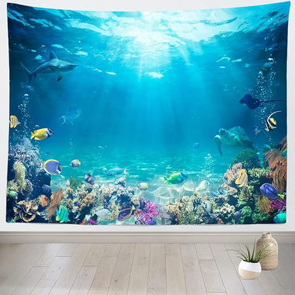 Underwater World Tapestry Blue Ocean Wall Hanging Under the Sea Coral Reef Wall Tapestry Tropical Fish Tank Undersea Tapestries Marine Wall Art for Bedroom Living Room Dorm Decor 118''x98''