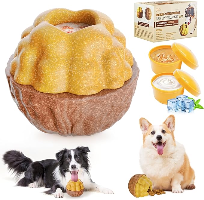 Dog Frozen Treats Toy, Cognitive Dogs Brain Stimulation Toys for Aggressive Chewers, Interactive Dispensing Toy Enrichment Keep Them Busy No-Boredom, Tough Nylon&Coffe Wood Fillable Puzzle Dog Feeder
