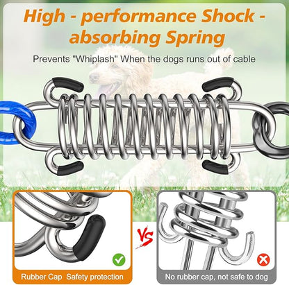 Tresbro 20 FT Dog Tie Out Cable with Spring, Shock Absorbing Tether Chains for Outside Aavilable in 10/15/20/25/30/40/50/70/100/120 FT, Heavy Duty Leads for Yard for Medium & Large Dogs Up to 500 LBS