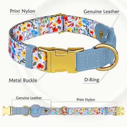 AirTag Dog Collar for Small Medium Large Breed - Adjustable Cute Pattern Dog Collar with Airtag Holder - Soft Leather Tracker GPS Apple Air Tag Pet Collars (Medium, 14"-18" Neck Fit, Floral)