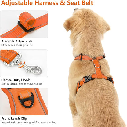 Dog Seat Belt Harness for Car, Dog Car Harness Adjustable Mesh Breathable & Dogs Seatbelt Safety Tether with Elastic Bungee for Small Medium Large Pets(Orange, L)