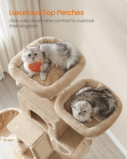 Feandrea Cat Tree, 81.1-Inch Large Cat Tower with 13 Scratching Posts, 2 Perches, 2 Caves, Basket, Hammock, Pompoms, Multi-Level Plush Cat Condo for Indoor Cats, Camel Brown UPCT190K01
