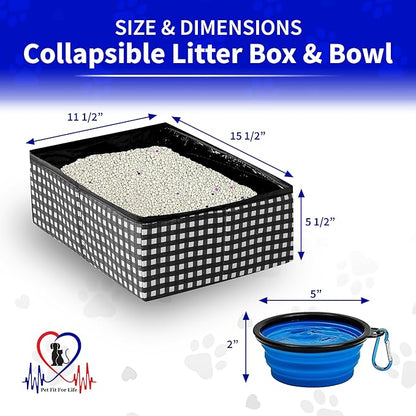 Pet Fit For Life - Vibrant Collapsible Travel Cat Litter Box - Portable, Foldable, Compact Design with Bonus Water Bowl - Ideal for Car & Camping - Reusable, Cats Safe - Black, (16"x12"x5")