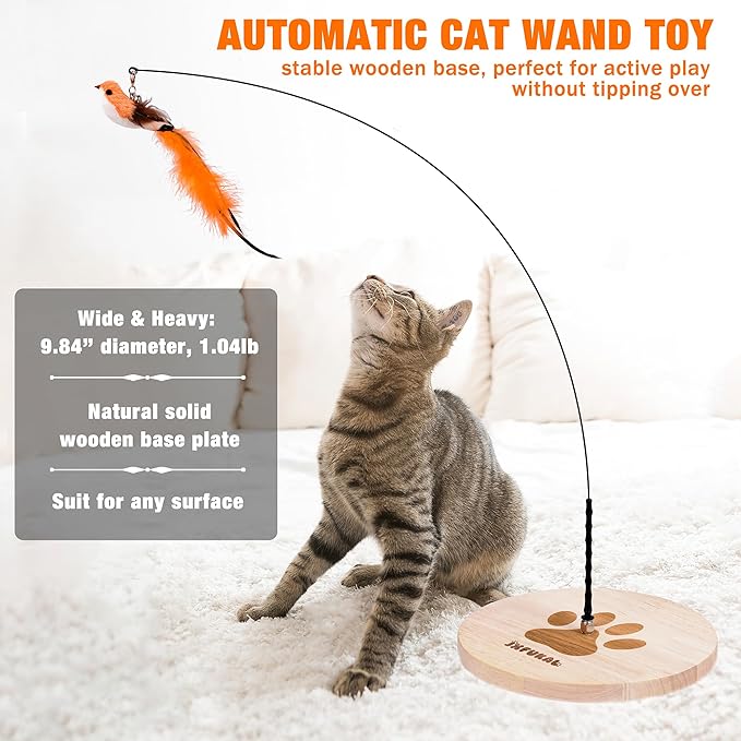 JXFUKAL Automatic Cat Wand Toy – Wooden Base, 2 Teasers & 5 Feather Spring Refills