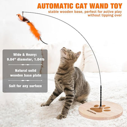 JXFUKAL Automatic Cat Wand Toy – Wooden Base, 2 Teasers & 5 Feather Spring Refills