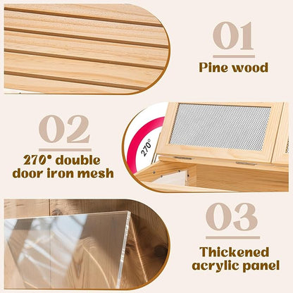 Hamster Cage 32 Inch Wooden Chewproof, 270° View Habitat with Bite-Proof Metal Mesh & Dual Access Doors, Acrylic Sheets & Solid Build for Dwarf Syrian Hamsters/Gerbils/Guinea Pigs/Chinchillas