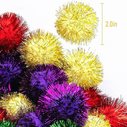 AUEAR, 24 Pack 2 Inch Extra Large Sparkle Cat Ball Glitter Tinsel Pom Pom Balls for Kittens (4 Assorsted Colors)