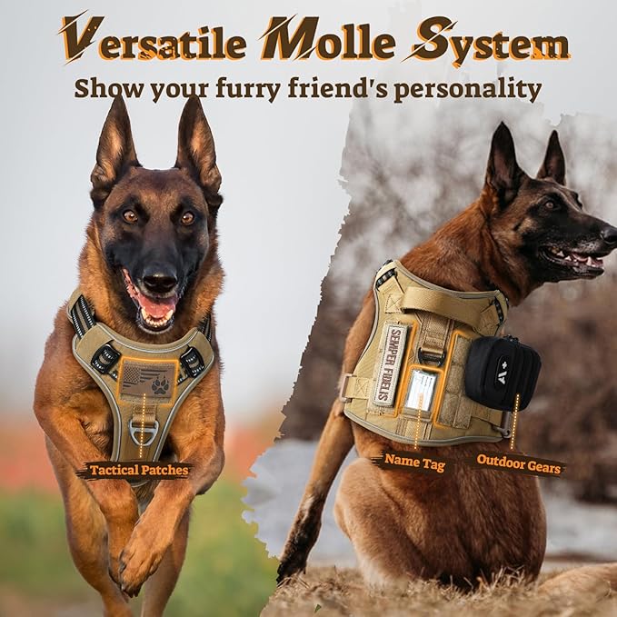 rabbitgoo Dog Harness for Large Dogs No Pull, Tactical Service Pet Vest with Molle and Control Handle, Adjustable and Reflective Military Harness for Easy Walking and Training, Brown, XL