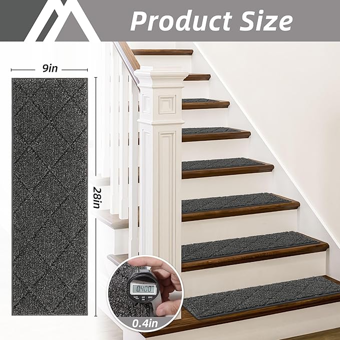 COSY HOMEER Edging Stair Treads Non-Slip Carpet Mat 28inX9in Indoor Stair Runners for Wooden Steps, Edging Stair Rugs for Kids and Dogs, 100% Polyester TPE Backing (4pc, Black)