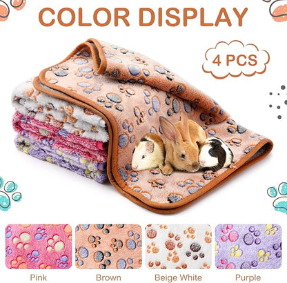 Reginary 4 Pcs Waterproof Guinea Pig Blankets Washable Small Animal Fleece Bedding Absorbent Guinea Pig Cage Liners Reusable Pet Pee Pad Sleep Mat for Hamster Ferret(Paw Print,12 x 12 Inch)