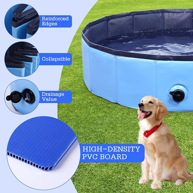 Foldable Dog Bath Swimming Pool Plastic Kiddie Pool Professional Tub Collapsible Grooming Bathtub for Pets Kids Baby and Toddler, 79 x 12 Inches Blue