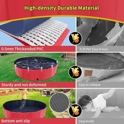 Foldable Dog Pool, 55" x 12" Kiddie Pool with Hard Plastic, Non-Slip Dog Bath Tub for Outdoor Backyard, Collapsible Dog Swimming Pool for Kids Dogs Pets (Red)