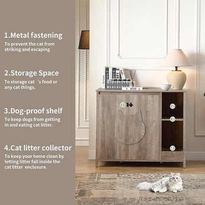 Cat-Faced Doors Cat Litter Robot Enclosure,Automatic Litter Box Enclosure for Litter Robot 3/4,Power Outlet for Litter Robot Cabinet,Litter Collector,Dog-Proof Adjustable Shelf,Grey