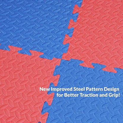 Xspec 1" Extra Thick 48 sq ft Reversible EVA Gym Foam Floor Mat Tiles (24" x 24"), Steel Pattern, 12 pcs, Blue & Red