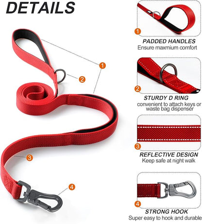 TwoEar 4FT 1IN Strong Red Dog Leash with 2 Padded Handles, Traffic Handle Extra Control, Comfortable Soft Dual Handle, Auto Lock Hook, Reflective Walking Lead for Small Medium and Large Dogs