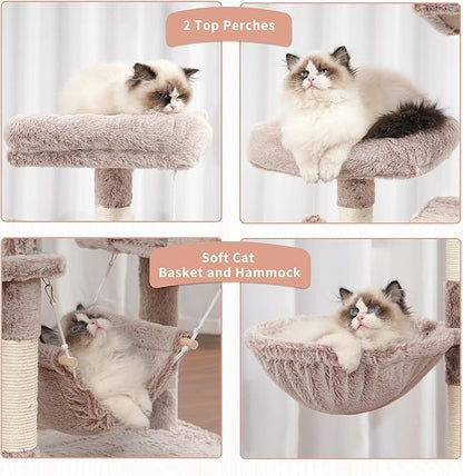 Cat Tree for Indoor Cats, 71'' (180cm) Multi-Level Cat Tower for Large Adult, Sturdy Cat Tree House with 2 Scratching Boards 7 Posts, 2 Plush Perches/Condos, Hammock, Muchroom GCT032MU