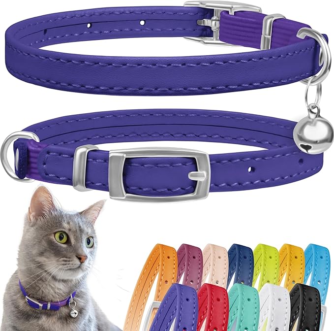 CollarDirect Leather Cat Collar, Kitten Collar with Removable Bell Black Blue Red Orange Lime Green (8-11 Inch, Purple)