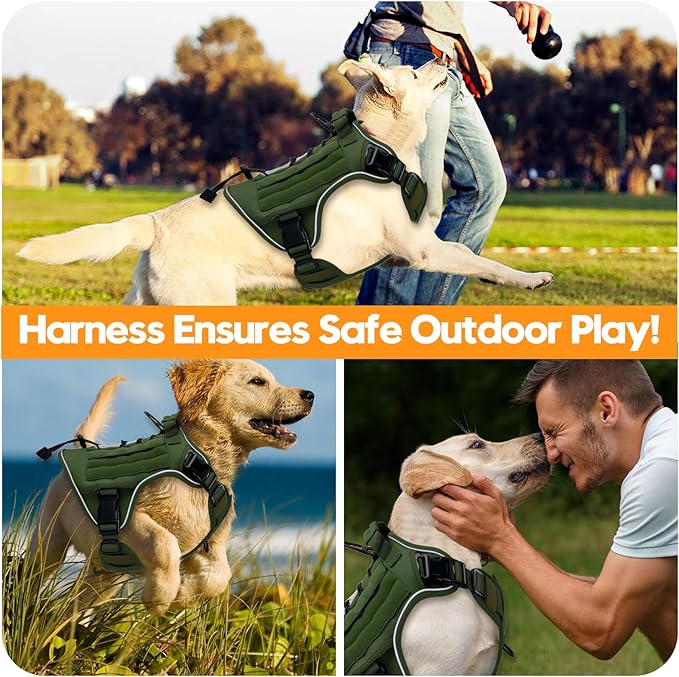 Heavy-Duty Tactical Dog Harness for Large Dogs, No Pull Adjustable Reflective Pet Vest with Molle System, K9 Military-Grade Control for Service Training, Outdoor & 10+ Breeds, Green, XX-Large