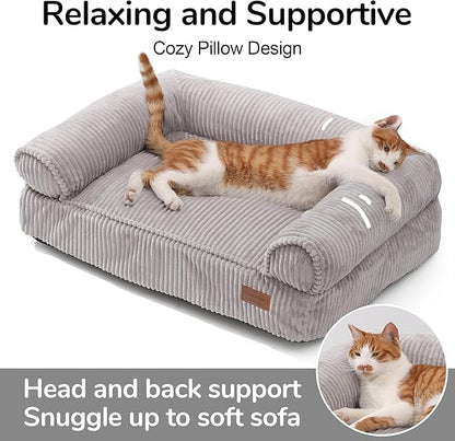 FUKUMARU Dog Couch Bed, Corduroy Cozy Cat Bed for Indoor Cats with Washable Cover, Supportive Waterproof Dog Beds Sofa for Small Dogs and Large Cats Cute, 28inch, Medium, Light Grey