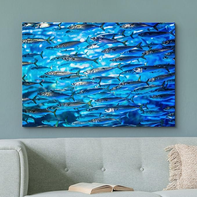 wall26 Canvas Print Wall Art Close Up Sardine School of Fish Underwater Nature Animals Photography Realism Rustic Scenic Landscape Wilderness Earth for Living Room, Bedroom, Office - 12"x18"