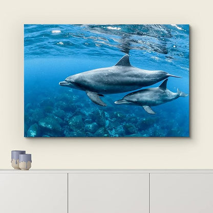 wall26 Canvas Print Wall Art Tropical Ocean Sea Underwater Dolphin Duo Nature Animals Photography Realism Rustic Scenic Landscape Wilderness Earth Colorful for Living Room, Bedroom, Office - 16"x24"