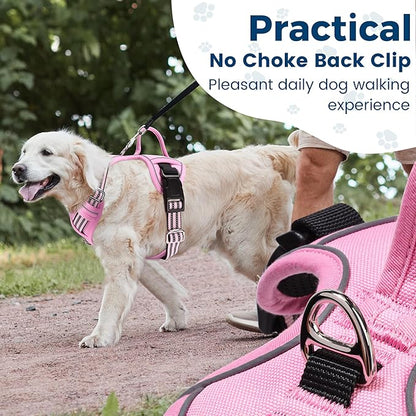 Funfox Dog Harness No Pull, Adjustable Pet Vest Harness, Super Soft Material with Vertical Handle Easy Control, Reflective Night Walking, 2 Leash Clips for Medium Sized Dogs, Pink, M